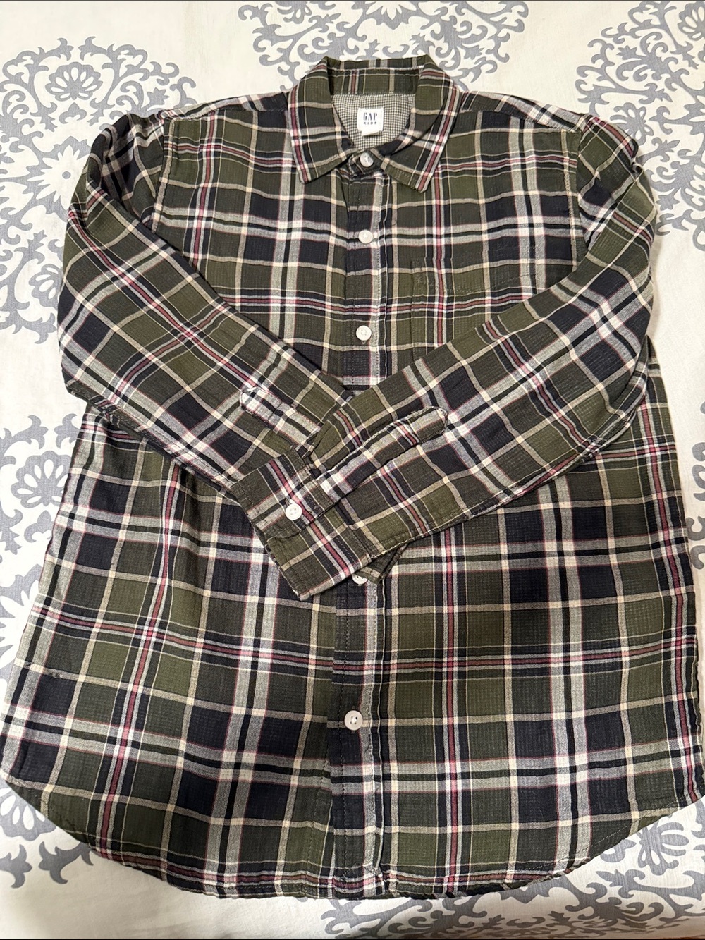 GAP Boys’ Olive & Black Plaid Button-Down Shirt with Cream and Red Accents